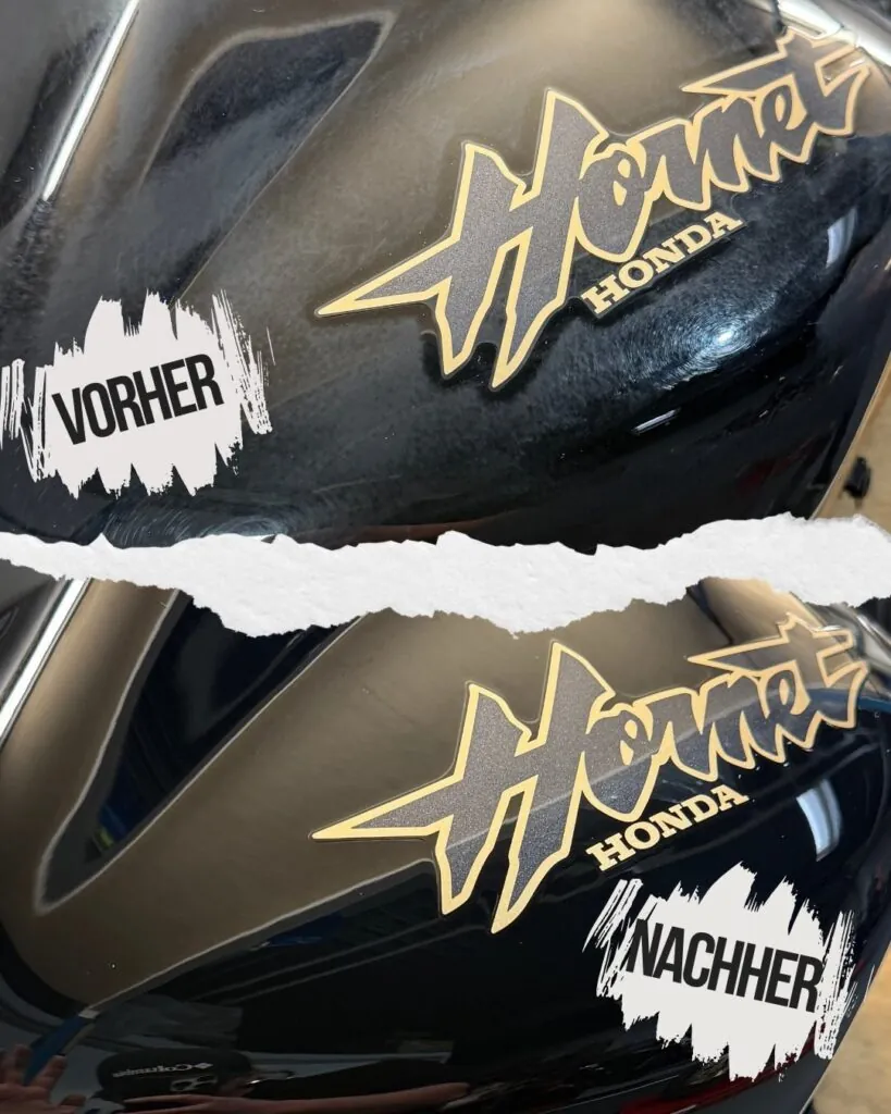 Vorher-Nachher-Vergleich: aufbereitete Tankverkleidung einer Honda Hornet